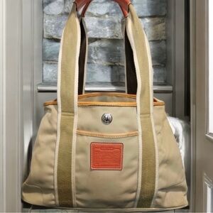 Vintage Coach Beige Shoulder Tote with Orange Leather Patch EUC